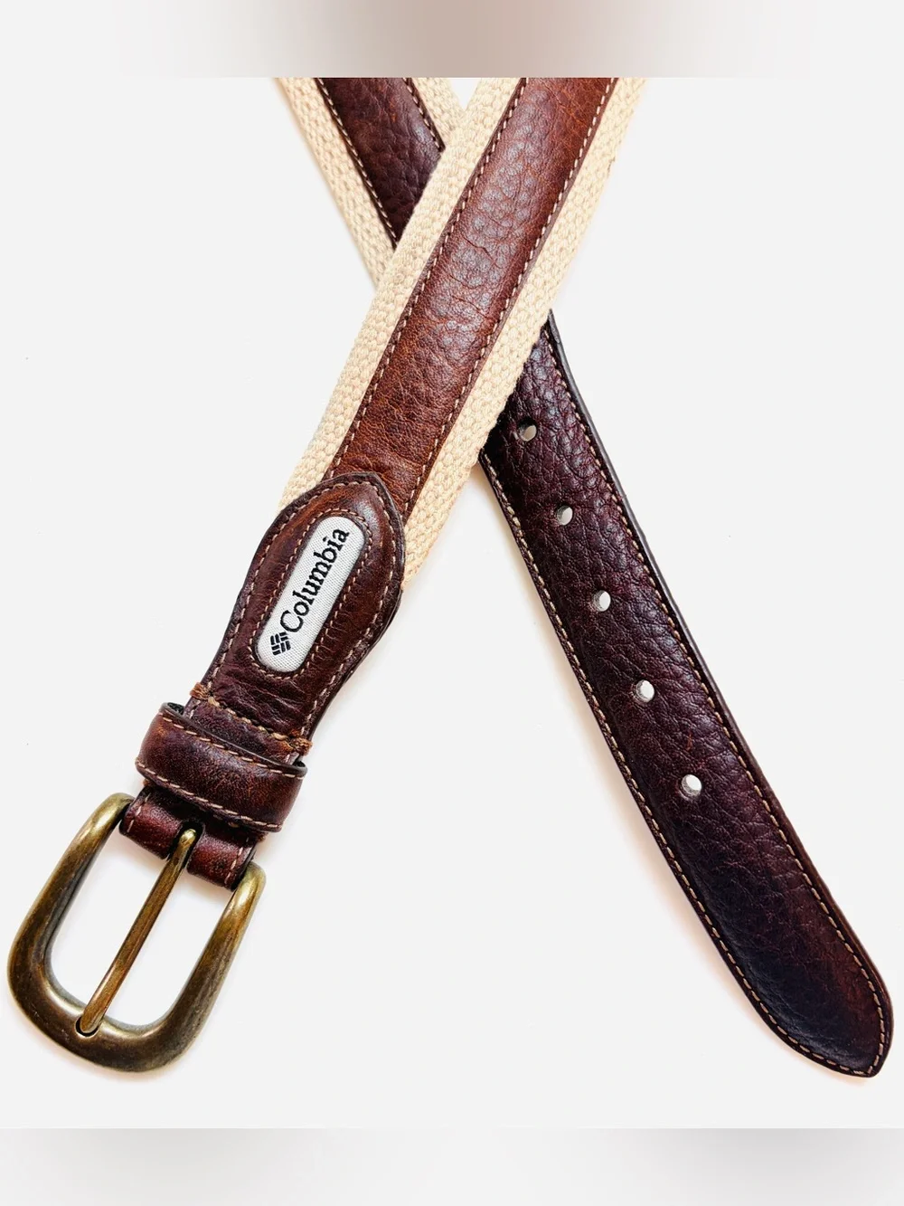 Columbia Canvas Belt Mens 38 Beige Brown Leather Trim Brass Buckle Preppy